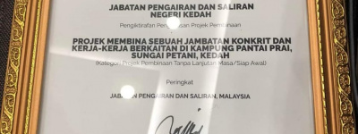 Tahniah kepada JPS Kedah kerana telah menerima Sijil Pengiktirafan Pengurusan Projek Pembinaan semasa Majlis Perjumpaan Ketua Pengarah 